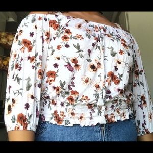 white floral off the shoulder top